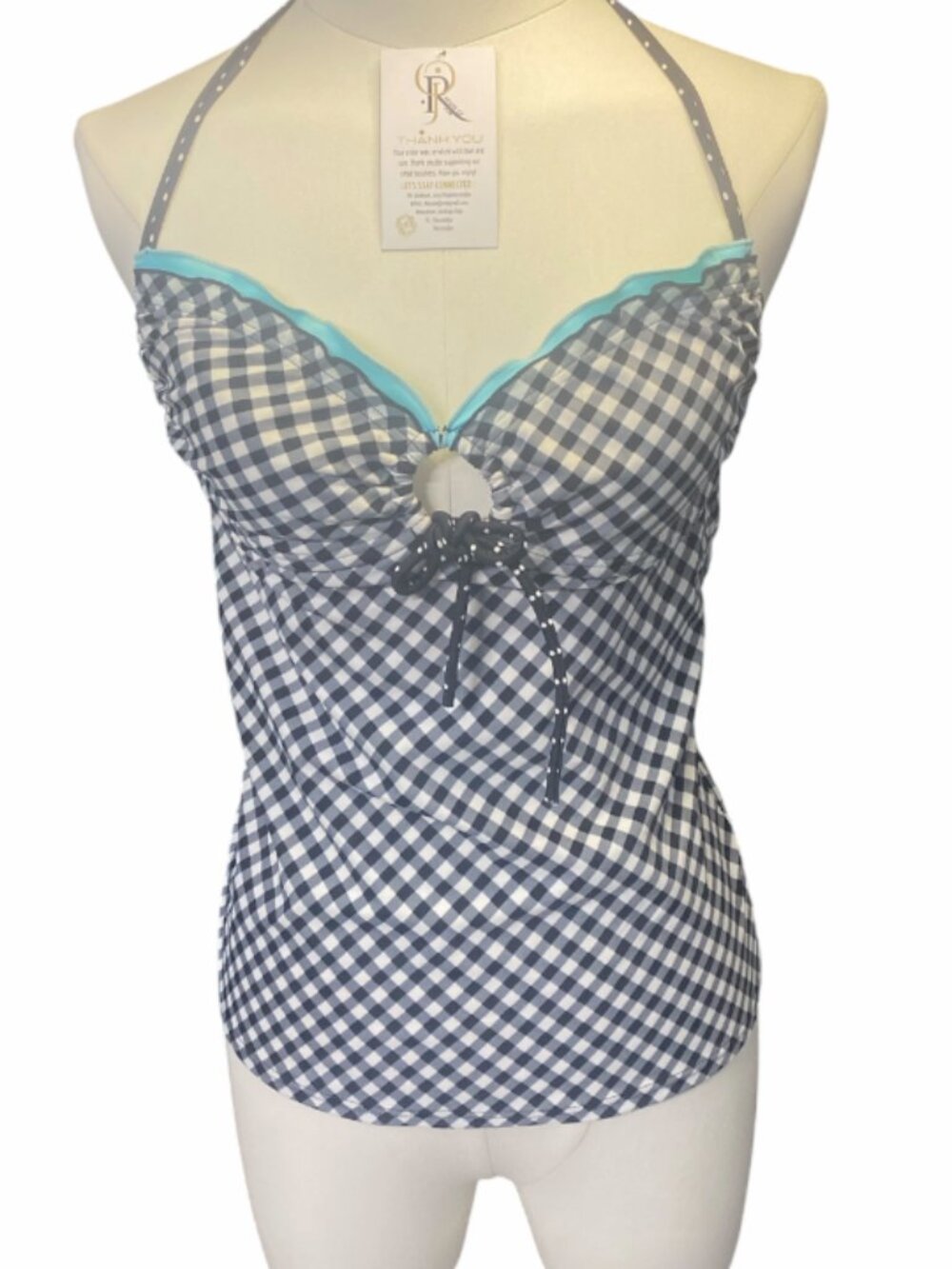 Checker swimwear top aqua blue trim black white Size M
